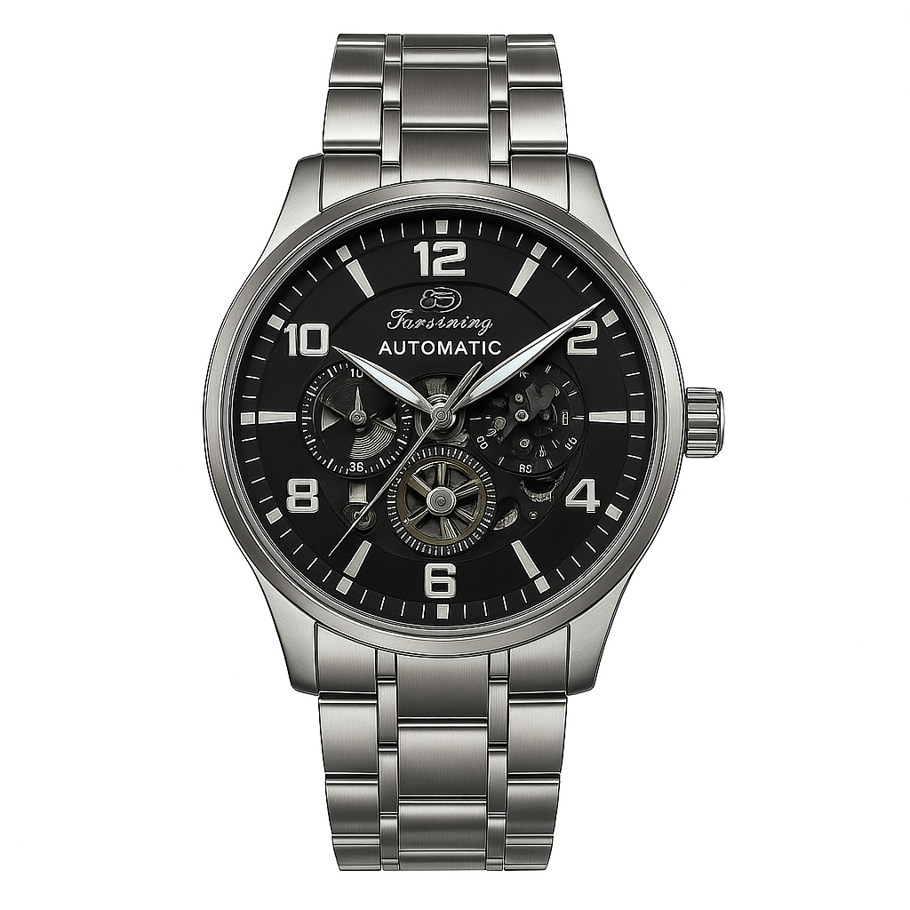 Forsining Luxury Automatic Skeleton Watch – Two-Tone Stainless Steel with Blue Dial