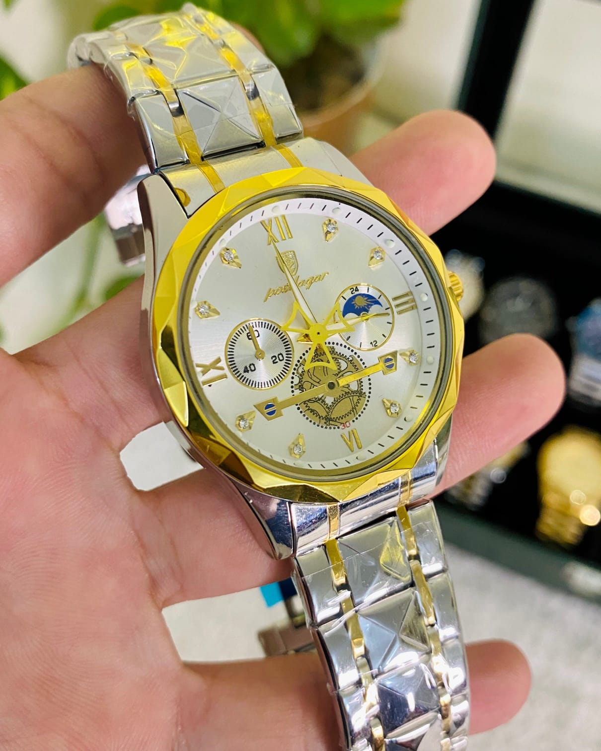 Forsining Luxury Automatic Skeleton Watch – Two-Tone Stainless Steel with Blue Dial