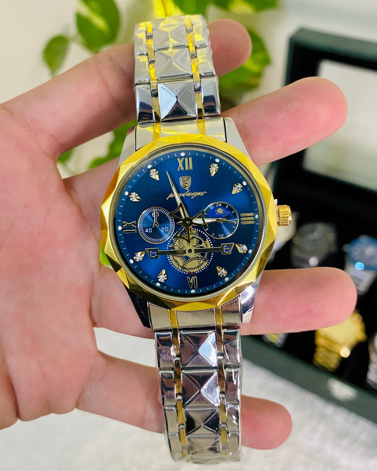 Forsining Luxury Automatic Skeleton Watch – Two-Tone Stainless Steel with Blue Dial
