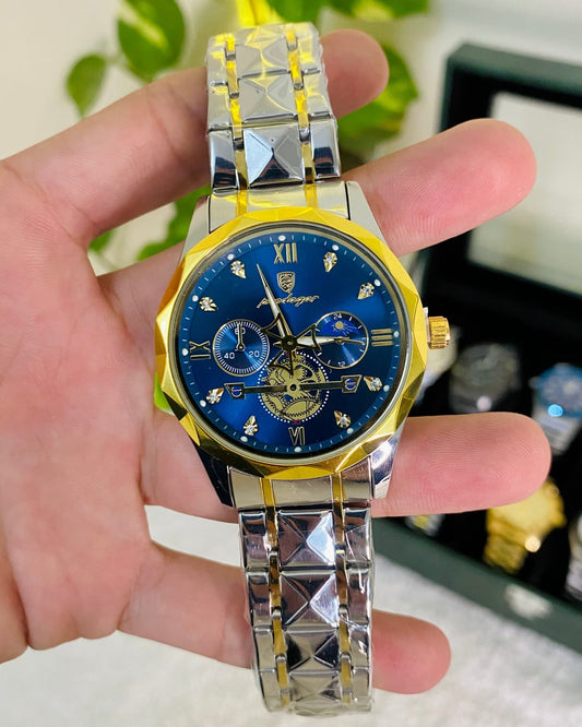 Forsining Luxury Automatic Skeleton Watch โ Two-Tone Stainless Steel with Blue Dial