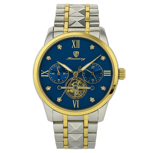 Forsining Luxury Automatic Skeleton Watch โ Two-Tone Stainless Steel with Blue Dial